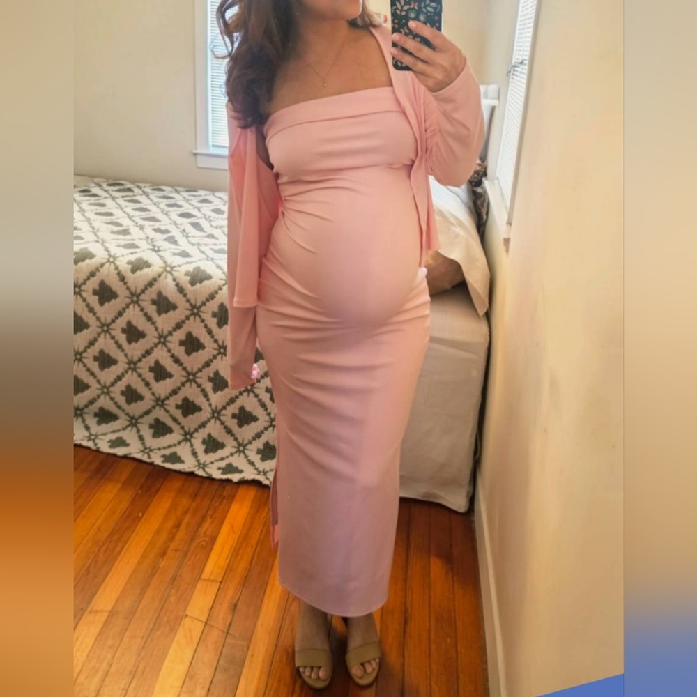 Elegant Strapless Pink Maternity Tube Dress with Matching Cardigan